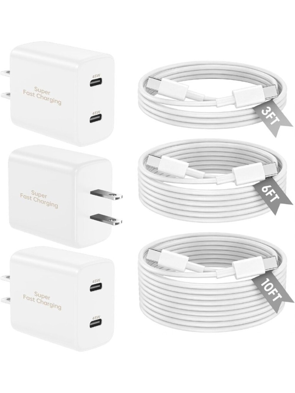 45W Dual Port Fast Charger Block with 3 USB C Cables [3FT/6FT/10FT] for iPhone